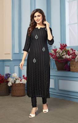 Women's Black Striped Embroidered Straight Rayon Kurta 1