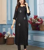 Women's Black Striped Embroidered Straight Rayon Kurta