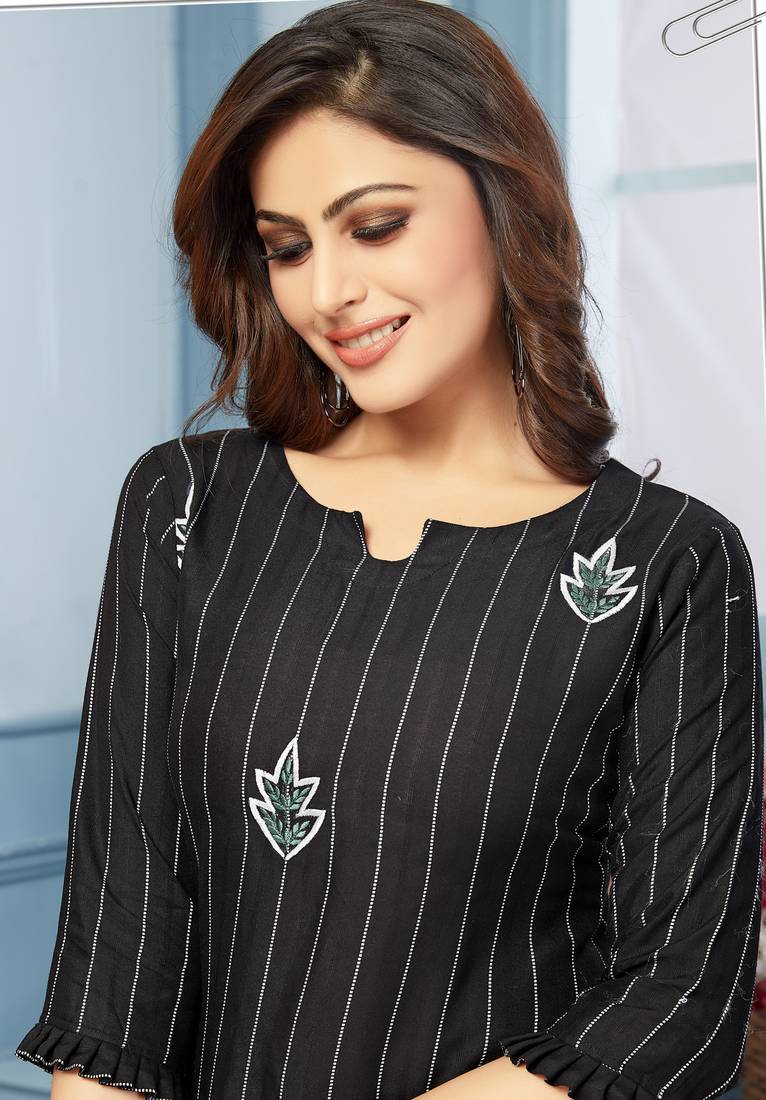 Women's Black Striped Embroidered Straight Rayon Kurta