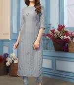 Women's Grey Striped Embroidered Straight Rayon Kurta