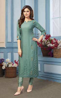 Women's Green Striped Embroidered Straight Rayon Kurta 1