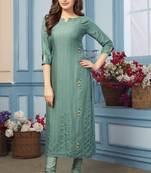 Women's Green Striped Embroidered Straight Rayon Kurta