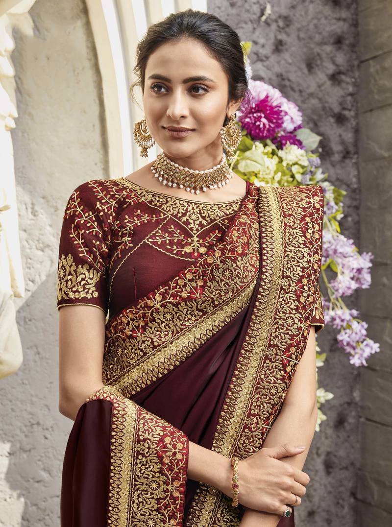 Women's Satin Maroon Embellished Designer Saree With Blouse Piece