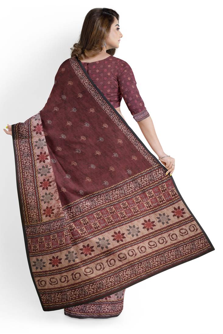 Maroon Polyester Viscose Chanderi Saree with Printed Temple Border
