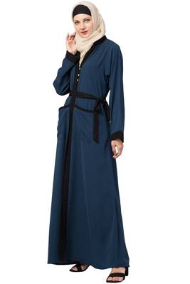 MRC Women Front Open Crepe Solid Abaya With Hijab  (Blue) 4