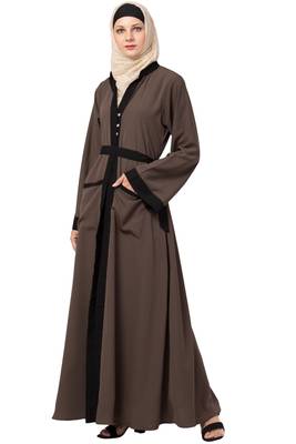 MRC Women Front open abaya Crepe Solid Abaya With Hijab (Beige) 4