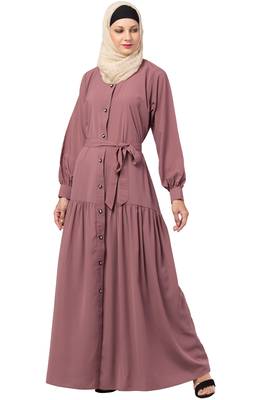 MRC Women Front open abaya with pin-tucks- pink color Crepe Solid Abaya With Hijab 4