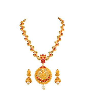 Ethnic Traditional Gold Plated Long Haram Mala Necklace Temple Jewellery Set with Earrings for Women 1