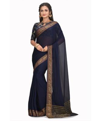 blue Plain Chiffon Saree with Embroidered Border 1