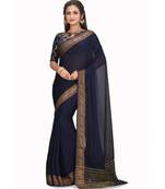 blue Plain Chiffon Saree with Embroidered Border
