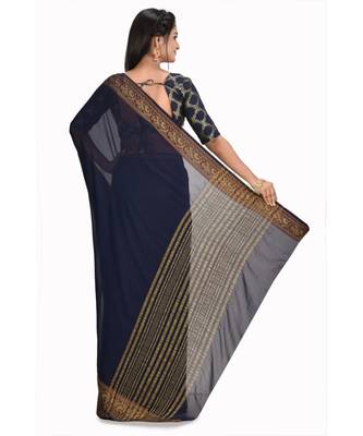 blue Plain Chiffon Saree with Embroidered Border 2