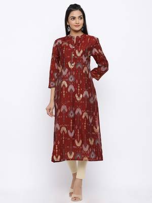Women's  Maroon Modal Chanderi Gold Print Straight Kurta 1