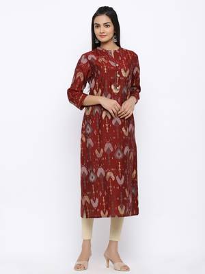Women's  Maroon Modal Chanderi Gold Print Straight Kurta 2
