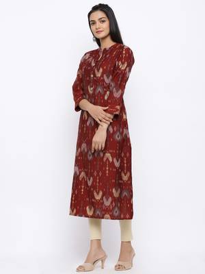Women's  Maroon Modal Chanderi Gold Print Straight Kurta 3