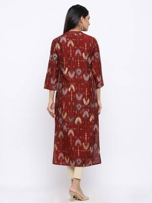 Women's  Maroon Modal Chanderi Gold Print Straight Kurta 4