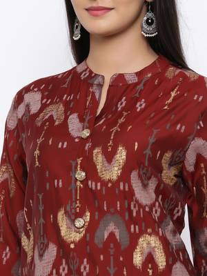 Women's  Maroon Modal Chanderi Gold Print Straight Kurta 5
