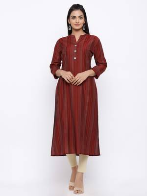 Women's  Maroon Modal Chanderi Gold Print Straight Kurta 1