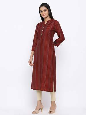 Women's  Maroon Modal Chanderi Gold Print Straight Kurta 2