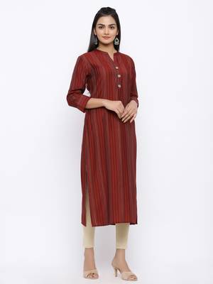 Women's  Maroon Modal Chanderi Gold Print Straight Kurta 3