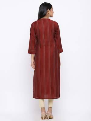 Women's  Maroon Modal Chanderi Gold Print Straight Kurta 4