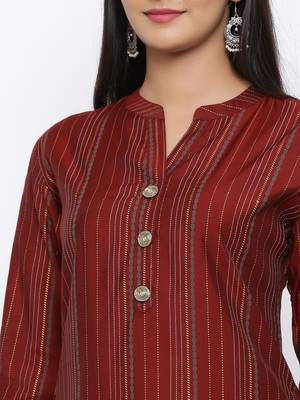 Women's  Maroon Modal Chanderi Gold Print Straight Kurta 5