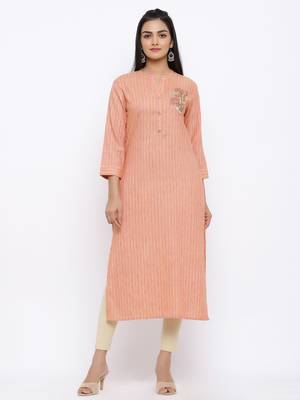 Women's  Peach Handloom Cotton Striped Print & Embroidery Straight Kurta 1