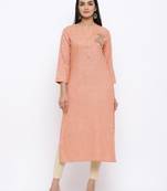 Women's  Peach Handloom Cotton Striped Print & Embroidery Straight Kurta