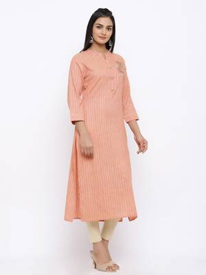 Women's  Peach Handloom Cotton Striped Print & Embroidery Straight Kurta 2