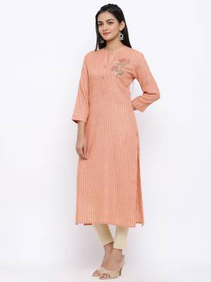 Women's  Peach Handloom Cotton Striped Print & Embroidery Straight Kurta 3