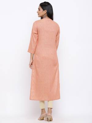 Women's  Peach Handloom Cotton Striped Print & Embroidery Straight Kurta 4