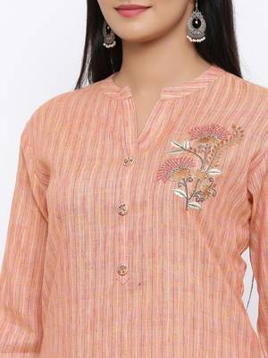 Women's  Peach Handloom Cotton Striped Print & Embroidery Straight Kurta 5
