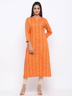 Women's  Orange Rayon Striped Print & Embroidery Straight Kurta 1