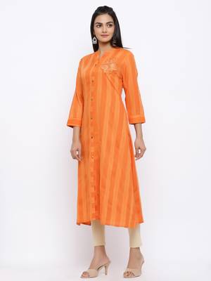 Women's  Orange Rayon Striped Print & Embroidery Straight Kurta 2