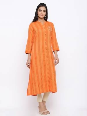 Women's  Orange Rayon Striped Print & Embroidery Straight Kurta 3