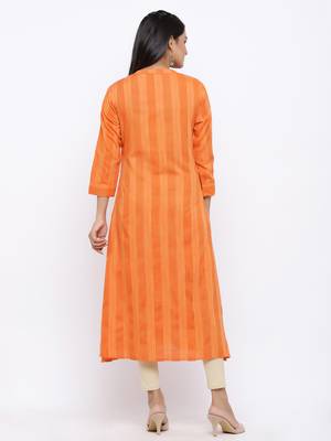 Women's  Orange Rayon Striped Print & Embroidery Straight Kurta 4