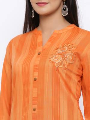 Women's  Orange Rayon Striped Print & Embroidery Straight Kurta 5