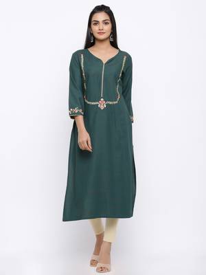 Women's  Dark Green Handloom Rayon Gold Print & Embroidery Straight Kurta 1