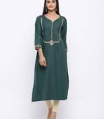 Women's  Dark Green Handloom Rayon Gold Print & Embroidery Straight Kurta