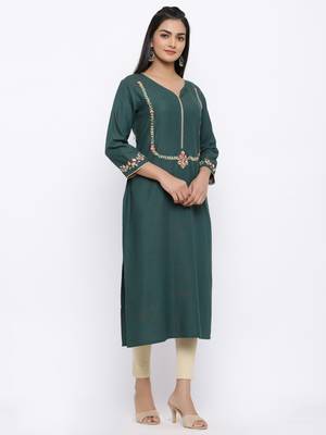 Women's  Dark Green Handloom Rayon Gold Print & Embroidery Straight Kurta 2