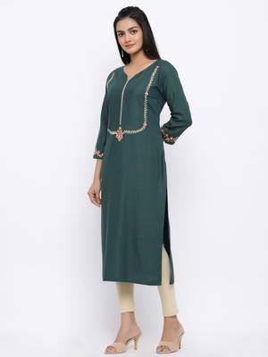 Women's  Dark Green Handloom Rayon Gold Print & Embroidery Straight Kurta 3