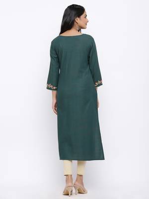 Women's  Dark Green Handloom Rayon Gold Print & Embroidery Straight Kurta 4