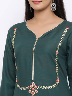 Women's  Dark Green Handloom Rayon Gold Print & Embroidery Straight Kurta 5