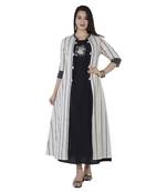 Women's  White & Black Handloom Cotton Striped Print & Embroidery A-Line Kurta With Jacket
