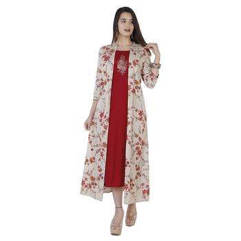 Women's  Maroon & Cream Rayon Floral Print & Embroidery A-Line Kurta With Jacket 1