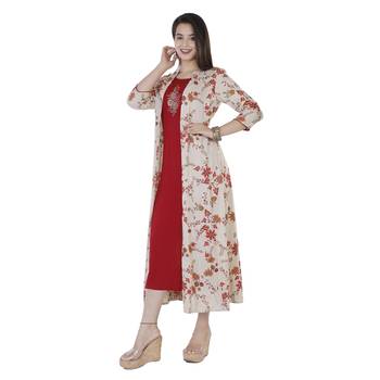 Women's  Maroon & Cream Rayon Floral Print & Embroidery A-Line Kurta With Jacket 2