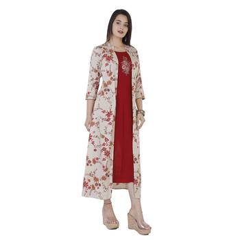 Women's  Maroon & Cream Rayon Floral Print & Embroidery A-Line Kurta With Jacket 3