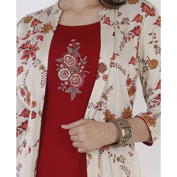 Women's  Maroon & Cream Rayon Floral Print & Embroidery A-Line Kurta With Jacket 5