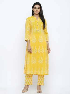 Women's  Lemon Modal Chanderi Gold Print Straight Kurta & Pant Set 1