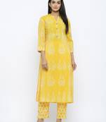 Women's  Lemon Modal Chanderi Gold Print Straight Kurta & Pant Set