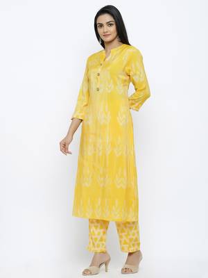 Women's  Lemon Modal Chanderi Gold Print Straight Kurta & Pant Set 2
